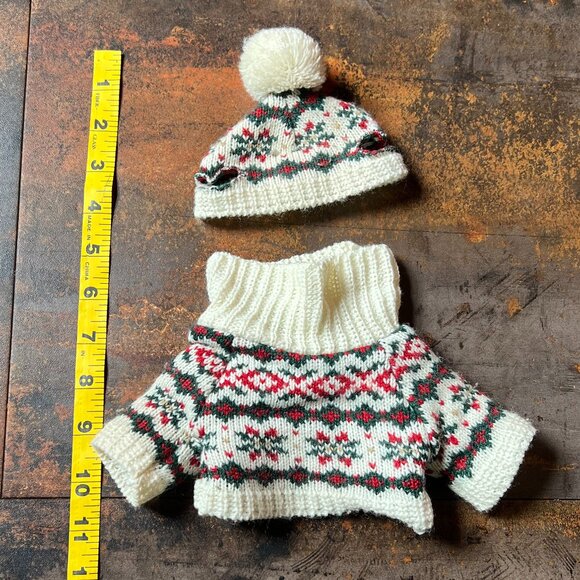 Stuffed Bear Outfit: Red, Green & Warm White Turtleneck Sweater & Tossel Cap - Picture 2 of 5